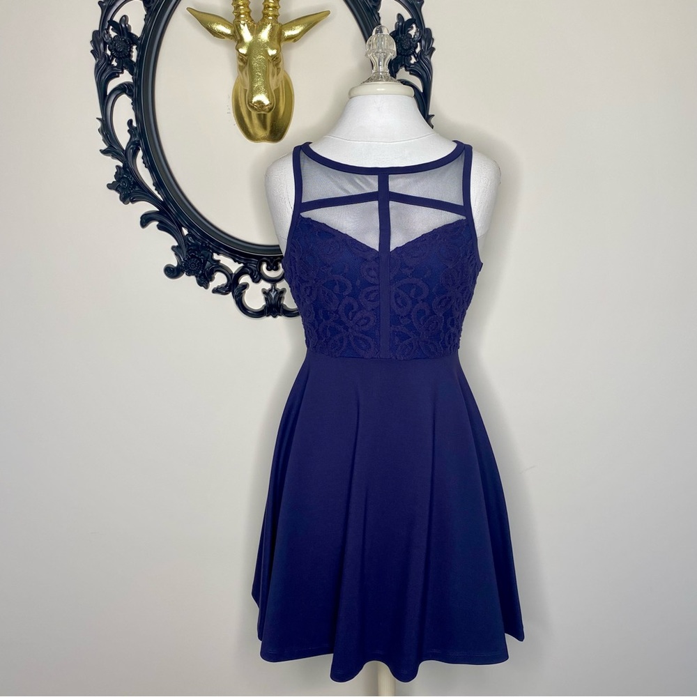 Black Swan Navy Dress with Mesh and Lace Details